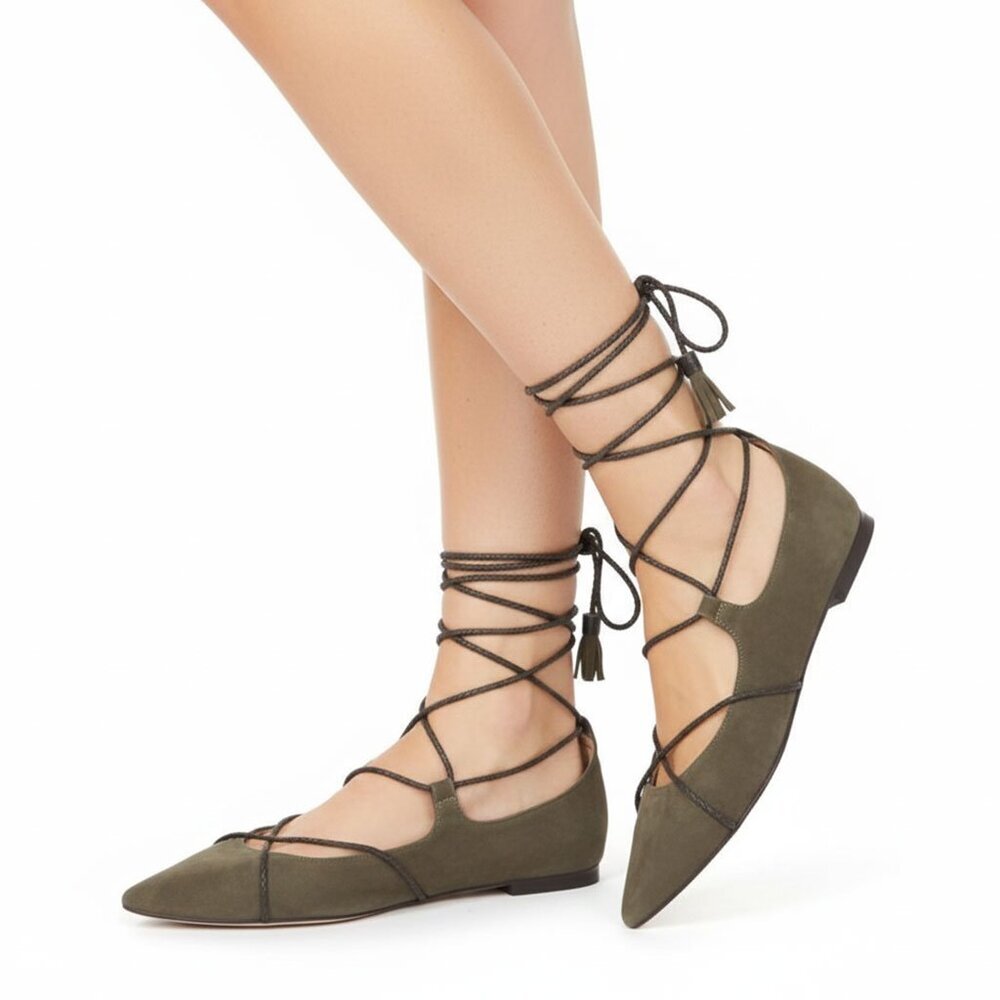Massimo Dutti Olive Green Suede Lace-Up Ankle Wrap Pointed Toe Flats Shoes